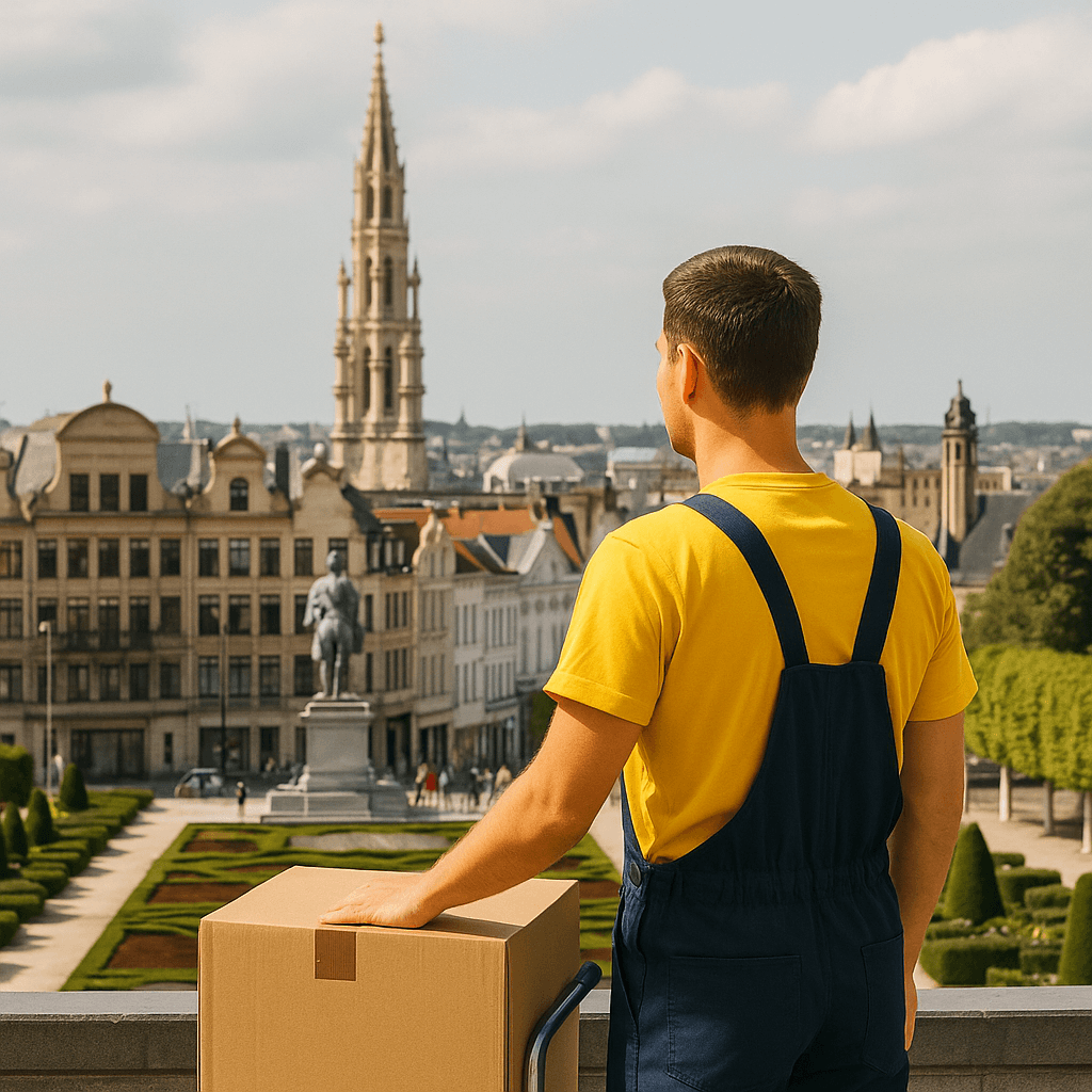 Un déménageur en uniforme jaune et bleu regarde Bruxelles depuis un point élevé, tenant un carton devant les bâtiments historiques de la ville.